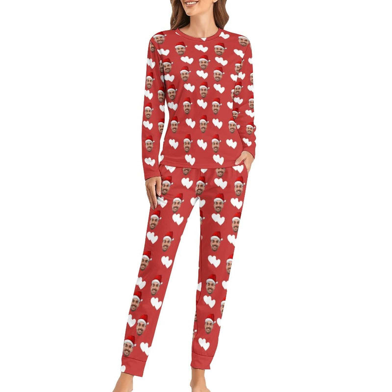 【Special Christmas Sale】Custom Boyfriend Face Pajamas Love Heart Christmas Hat Sleepwear Personalized Women's Crewneck Long Pajamas Set