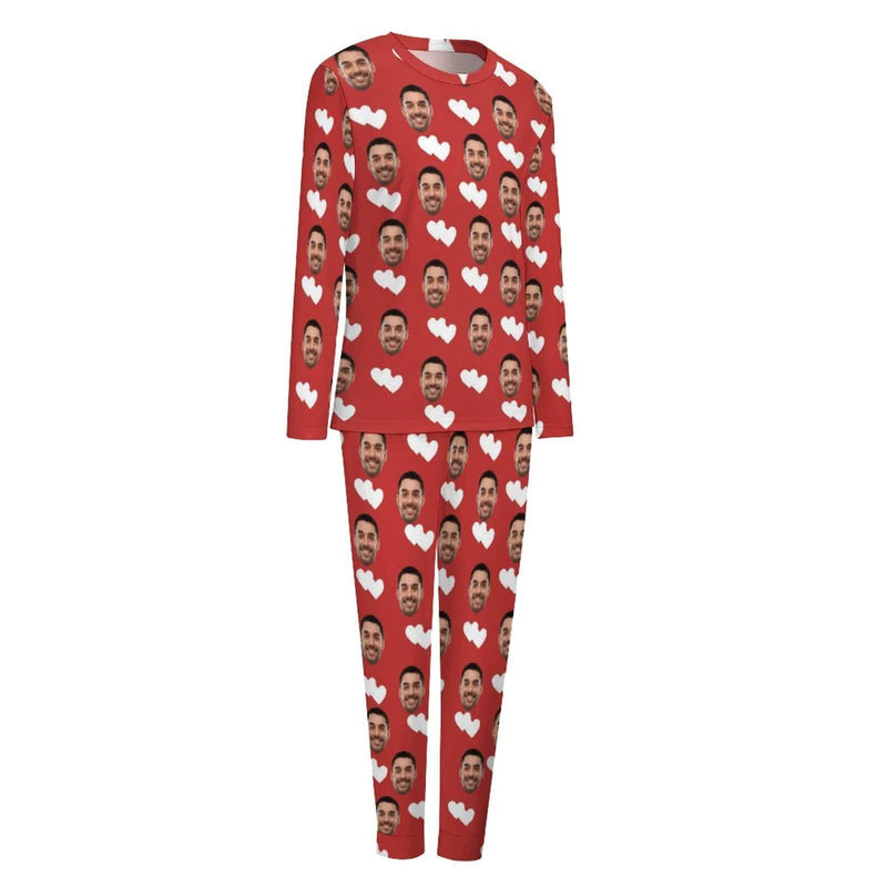 【Special Christmas Sale】Custom Boyfriend Face Pajamas Love Heart Christmas Hat Sleepwear Personalized Women's Crewneck Long Pajamas Set