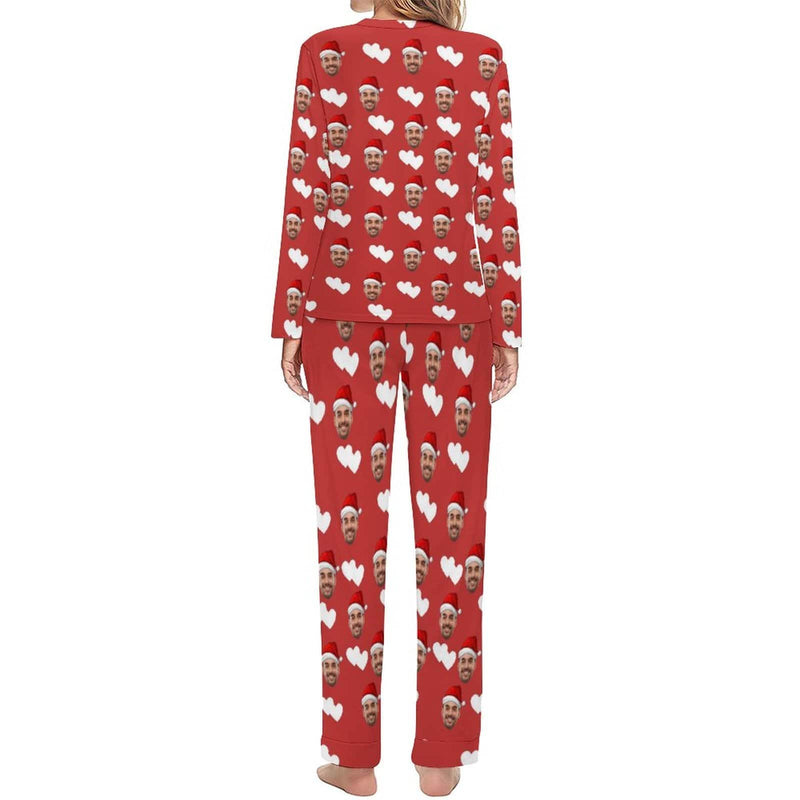 【Special Christmas Sale】Custom Boyfriend Face Pajamas Love Heart Christmas Hat Sleepwear Personalized Women's Crewneck Long Pajamas Set