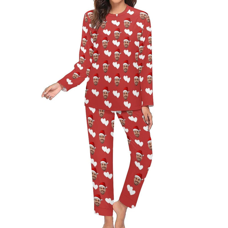 【Special Christmas Sale】Custom Boyfriend Face Pajamas Love Heart Christmas Hat Sleepwear Personalized Women's Crewneck Long Pajamas Set