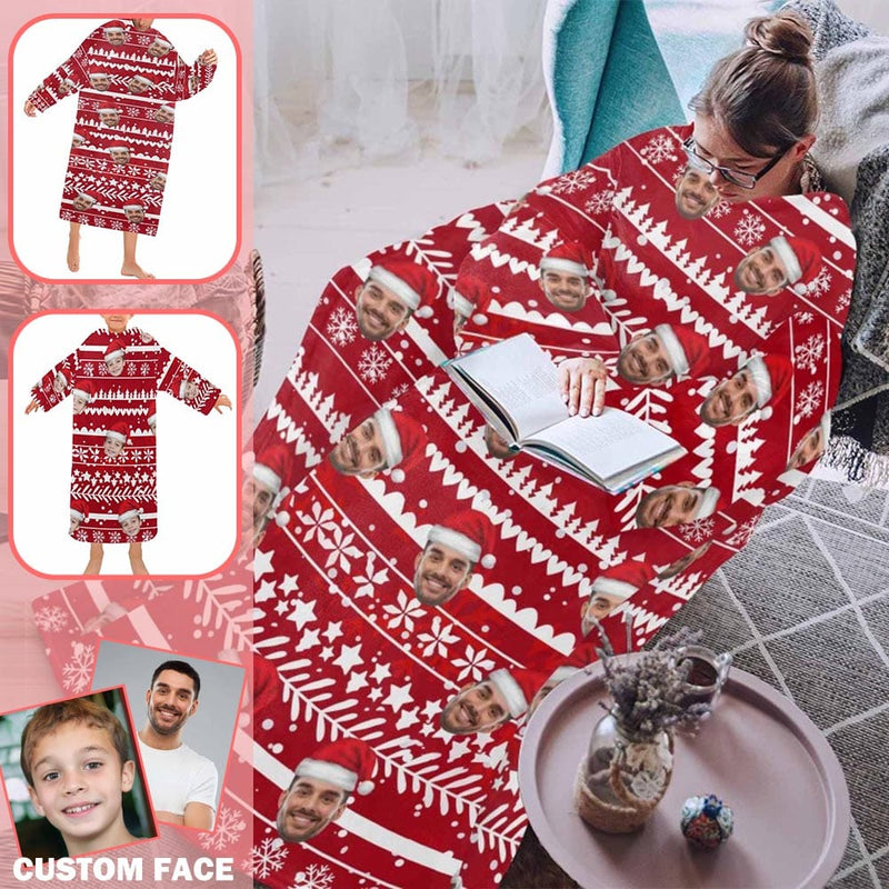 Custom Face Red Christmas Pattern Blanket Hoodie for Adult&Kids