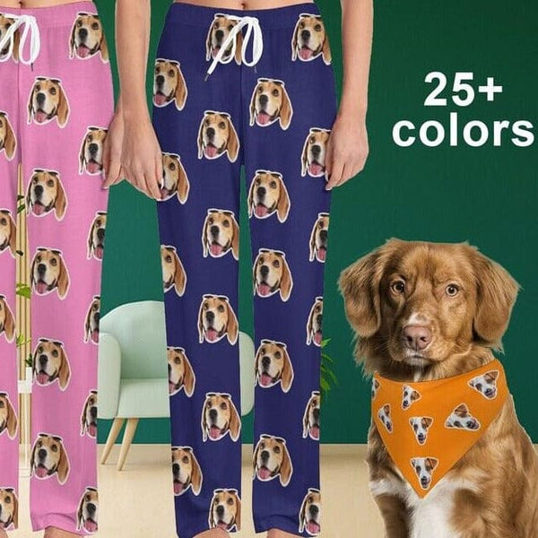 Custom Cat Dog Face Solid Color Pajama Pants and Pet Dog Bandana