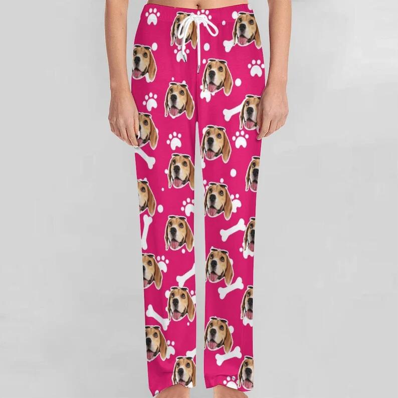 Custom Dog Face Dog Bone Pajama Pants and Pet Dog Bandana