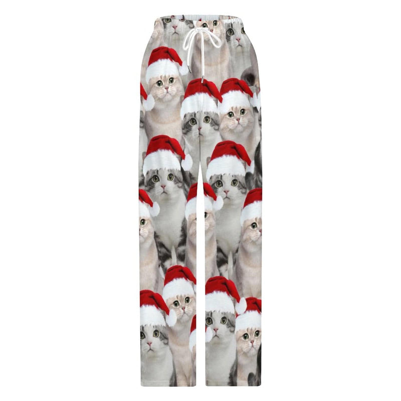 Custom Face Cat Christmas Red Hat Pajama Pants and Pet Dog Bandana