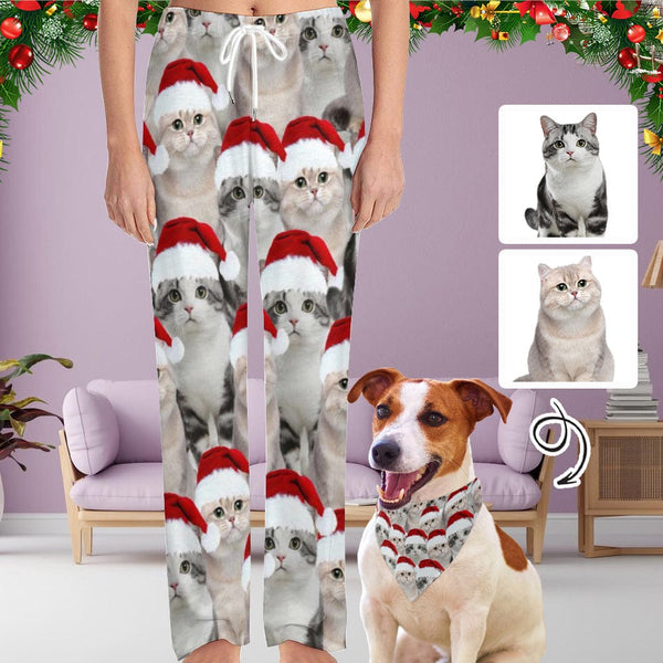 Custom Face Cat Christmas Red Hat Pajama Pants and Pet Dog Bandana