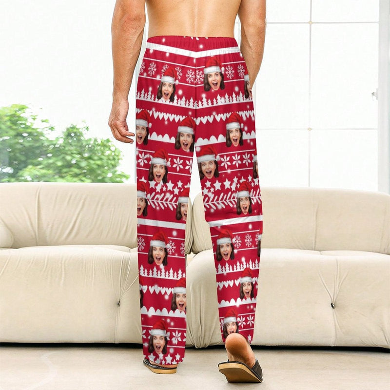 Custom Face Christmas Red Hat Snowflake Pajama Pants and Pet Dog Bandana