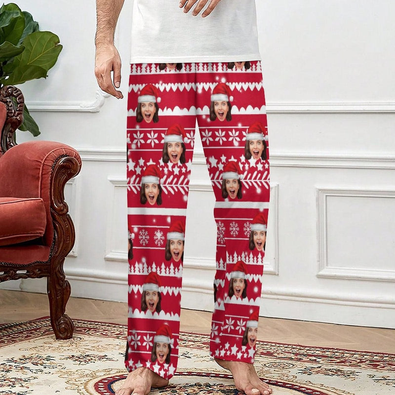 Custom Face Christmas Red Hat Snowflake Pajama Pants and Pet Dog Bandana