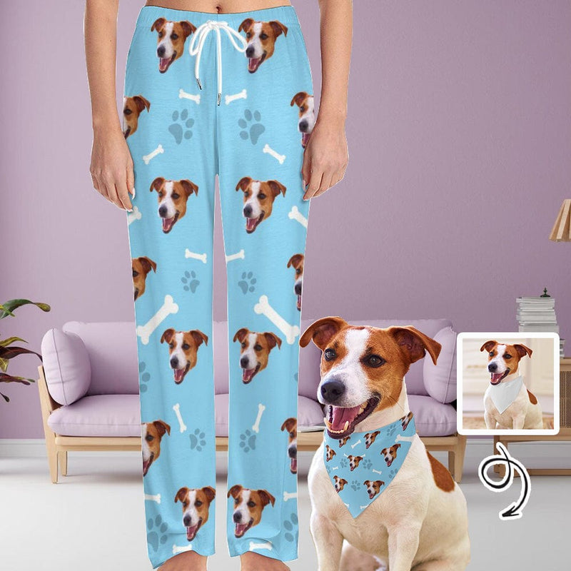 Custom Face Dog Bone Paw Print Blue Background Pajama Pants and Pet Dog Bandana