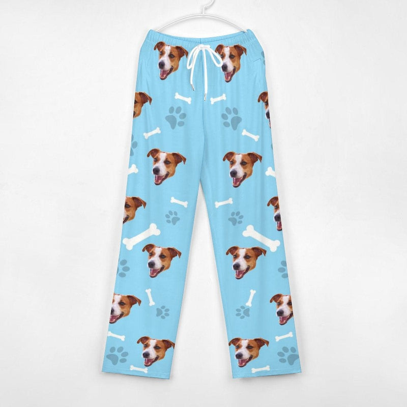 Custom Face Dog Bone Paw Print Blue Background Pajama Pants and Pet Dog Bandana