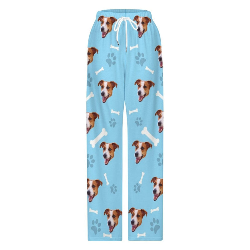 Custom Face Dog Bone Paw Print Blue Background Pajama Pants and Pet Dog Bandana