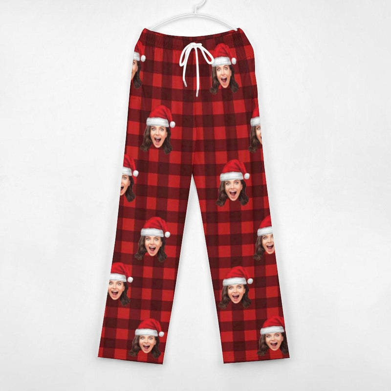 Custom Face Red Plaid Christmas Hat Pajama Pants and Pet Dog Bandana