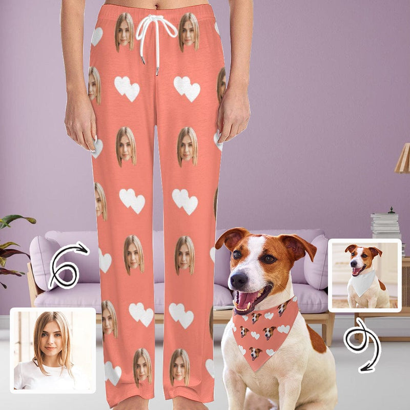 Custom Face White Heart Pink Background Pajama Pants and Pet Dog Bandana