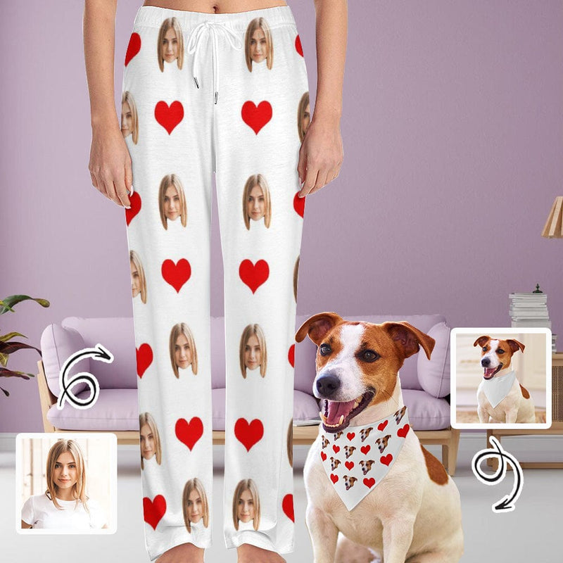 Custom Face With Red Heart Pajama Pants and Pet Dog Bandana