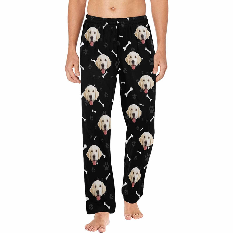 Custom Couple Face Dog Bone Paw Print Blue Background Sleepwear Personalized Women's&Men's Slumber Party Long Pajama Pants