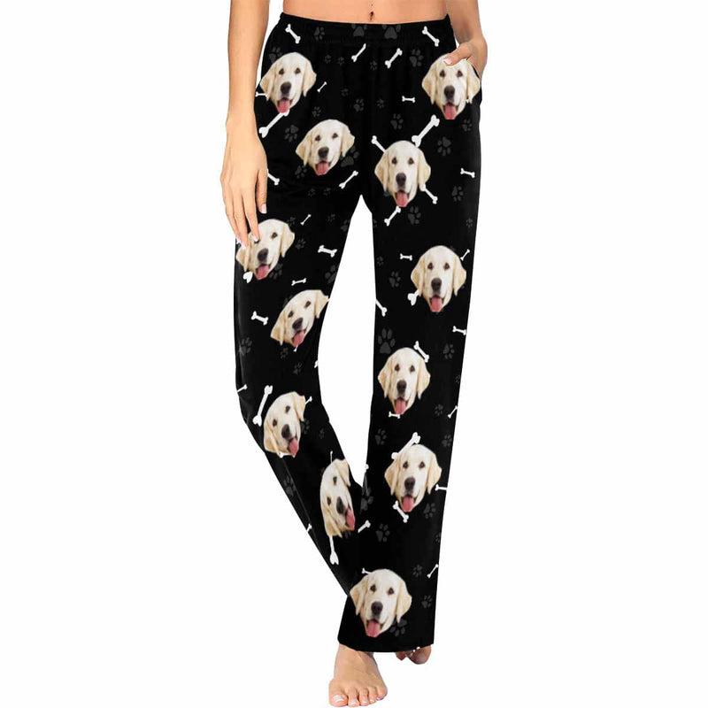 Custom Couple Face Dog Bone Paw Print Blue Background Sleepwear Personalized Women's&Men's Slumber Party Long Pajama Pants