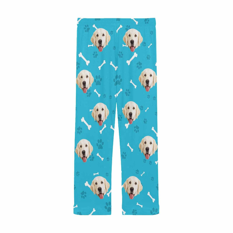 Custom Couple Face Dog Bone Paw Print Blue Background Sleepwear Personalized Women's&Men's Slumber Party Long Pajama Pants