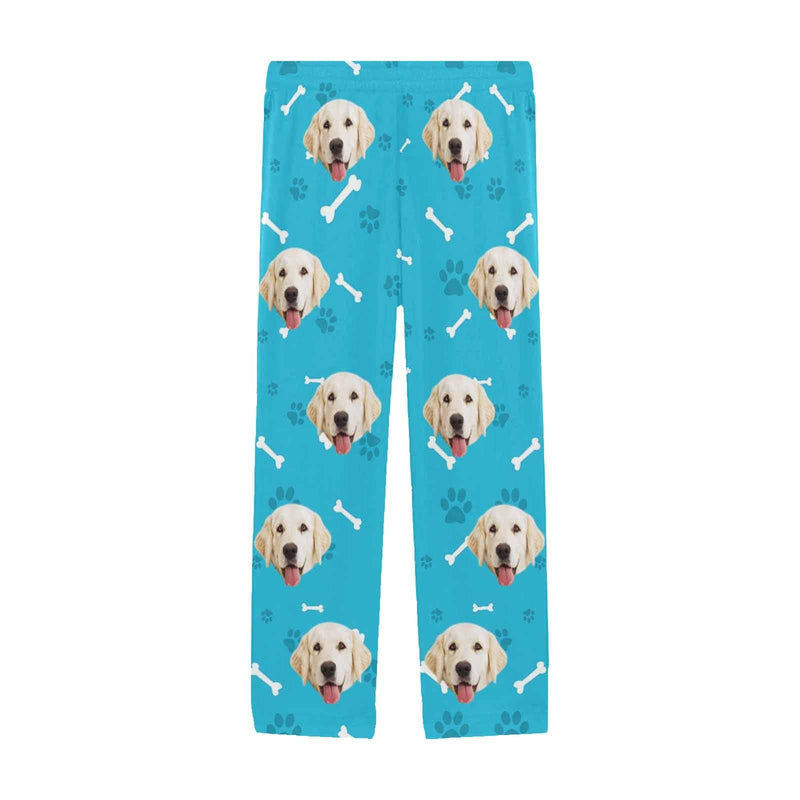 Custom Couple Face Dog Bone Paw Print Blue Background Sleepwear Personalized Women's&Men's Slumber Party Long Pajama Pants