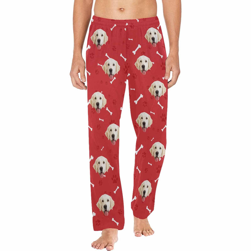 Custom Couple Face Dog Bone Paw Print Blue Background Sleepwear Personalized Women's&Men's Slumber Party Long Pajama Pants