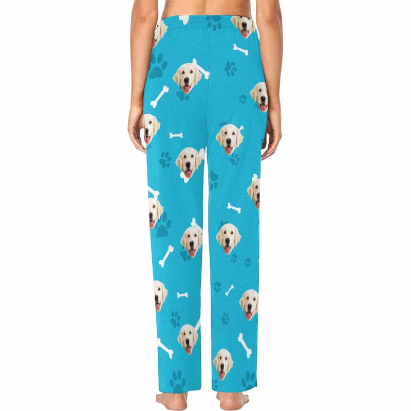 Custom Couple Face Dog Bone Paw Print Blue Background Sleepwear Personalized Women's&Men's Slumber Party Long Pajama Pants