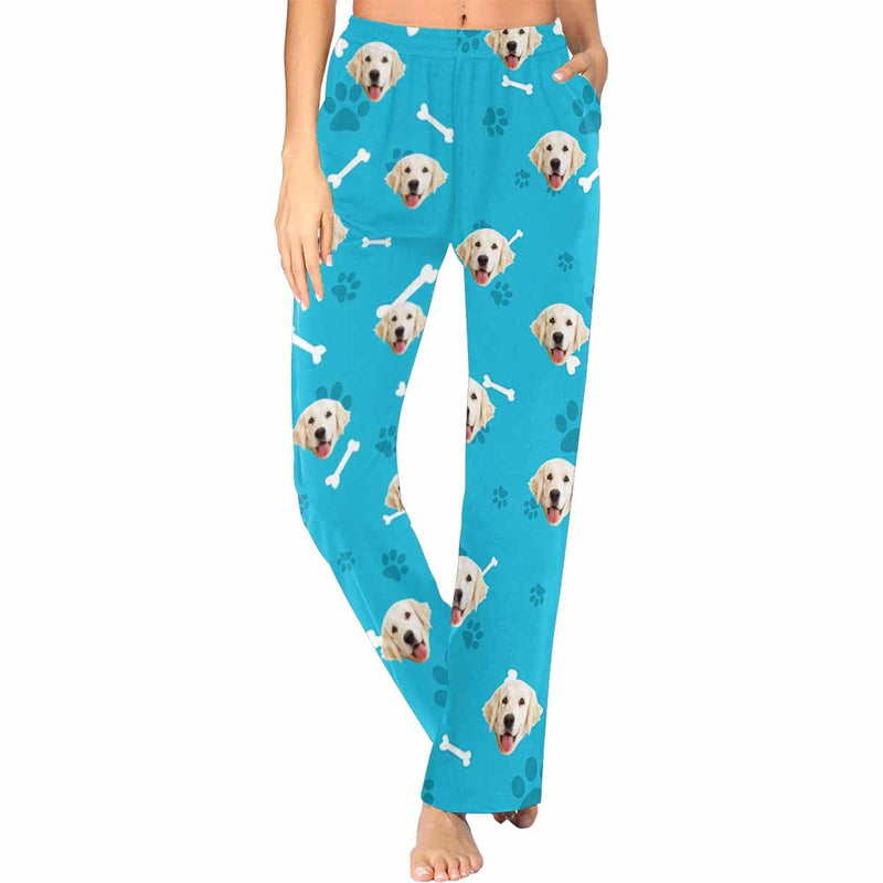 Custom Couple Face Dog Bone Paw Print Blue Background Sleepwear Personalized Women's&Men's Slumber Party Long Pajama Pants