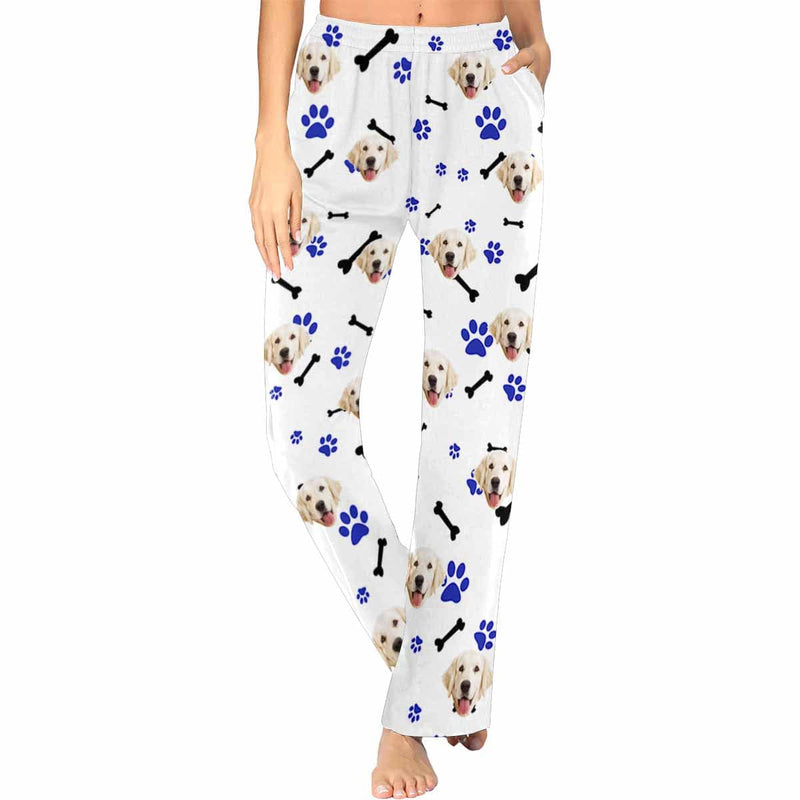 Custom Couple Face Dog Bone Paw Print Sleepwear Personalized Women's&Men's Slumber Party Long Pajama Pants