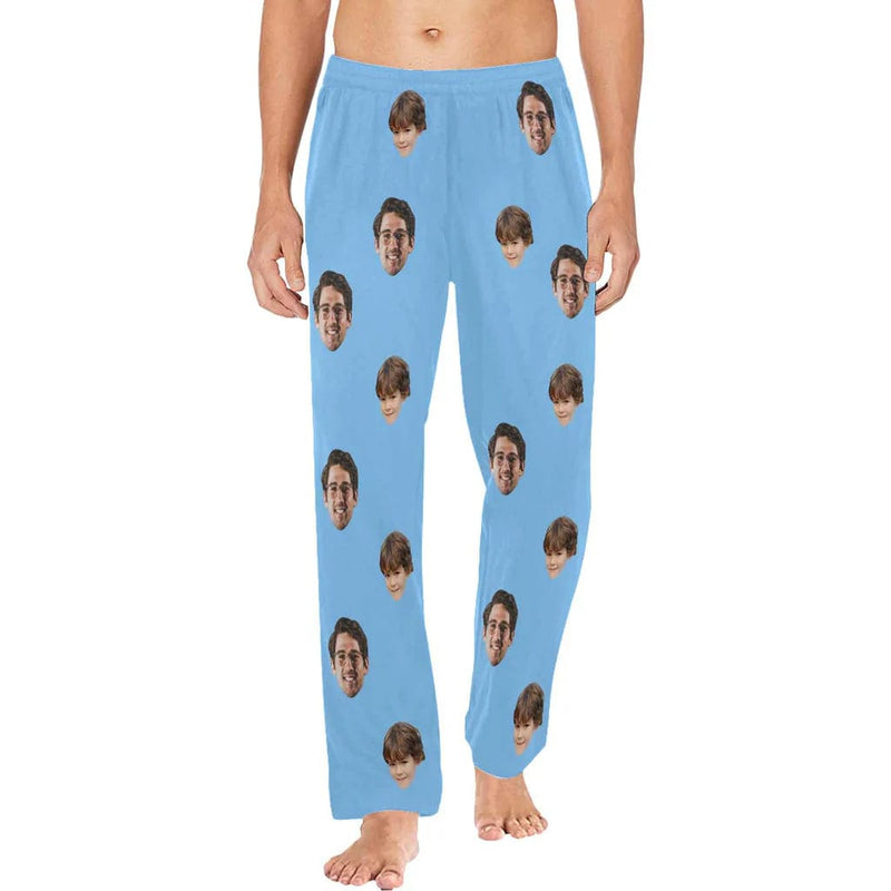 Custom Face Long Pajama Pants Simple Blue Personalized Men's Slumber Party Sleepwear