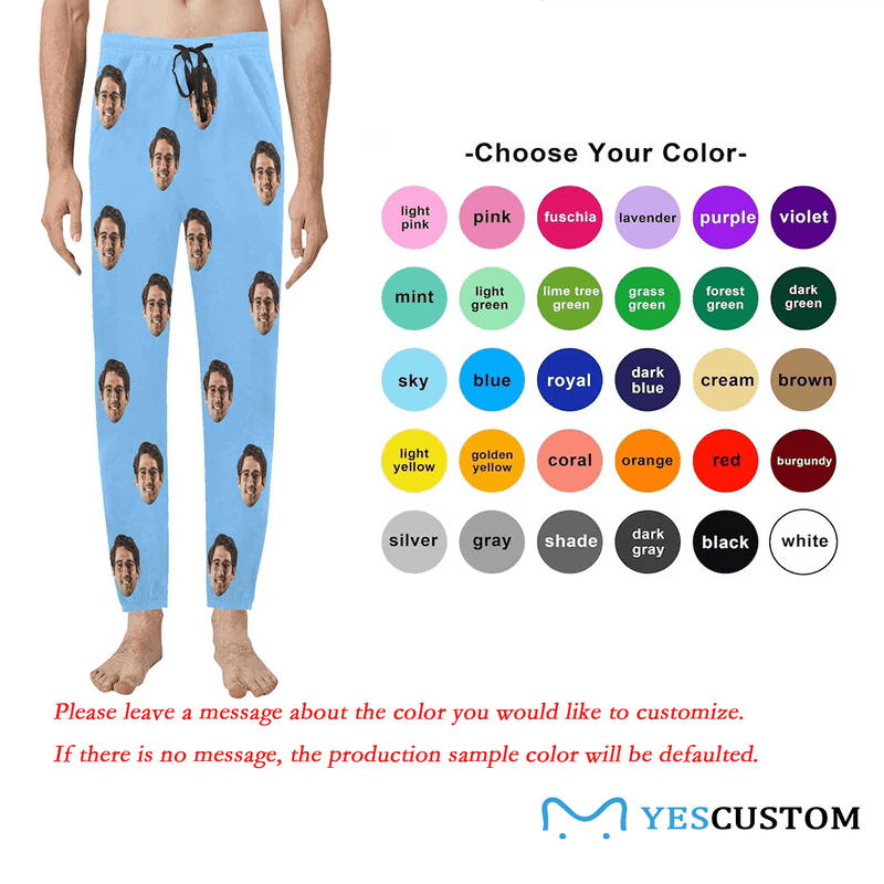 Custom Face Long Pajama Pants Simple Blue Personalized Men's Slumber Party Sleepwear