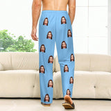 Custom Face Long Pajama Pants Simple Blue Personalized Men's Slumber Party Sleepwear