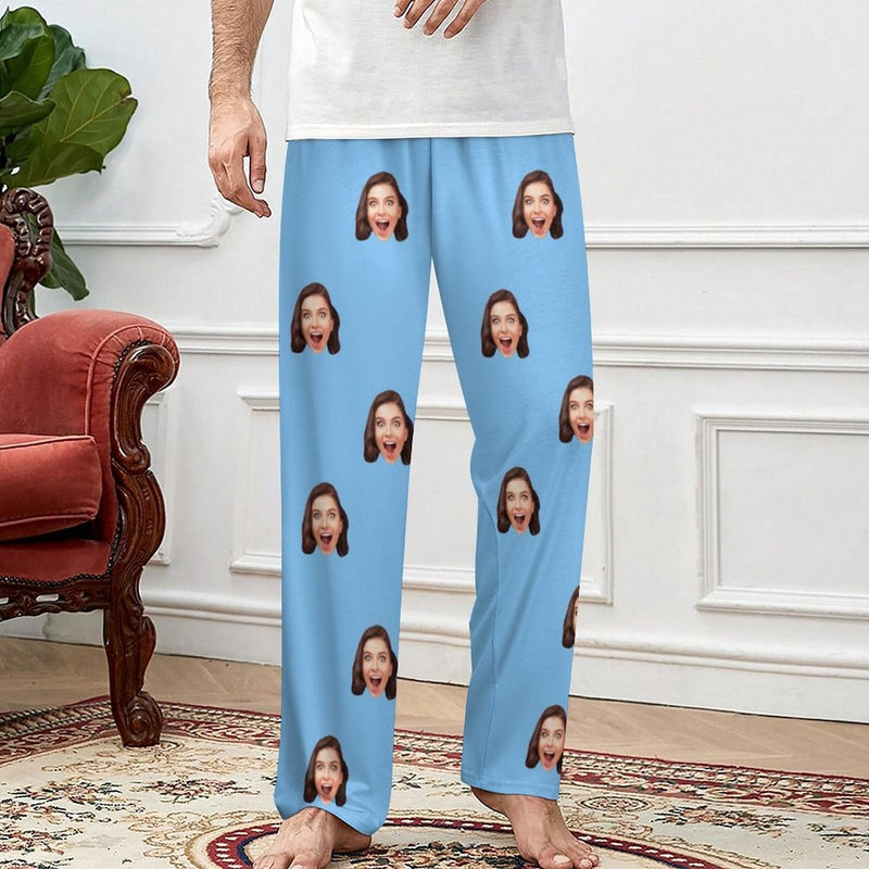 Custom Face Long Pajama Pants Simple Blue Personalized Men's Slumber Party Sleepwear