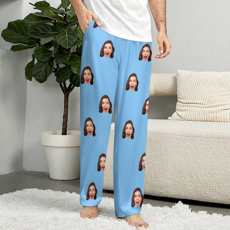 Custom Face Long Pajama Pants Simple Blue Personalized Men's Slumber Party Sleepwear