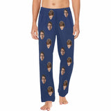 Pajama Shirt&Pajama Pants-Custom Face Pajamas Blue Solid Color Men's Sleepwear Personalized Photo Men's V-Neck Long Pajama Set