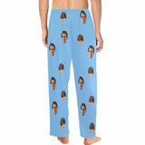 Pajama Shirt&Pajama Pants-Custom Face Pajamas Blue Solid Color Men's Sleepwear Personalized Photo Men's V-Neck Long Pajama Set