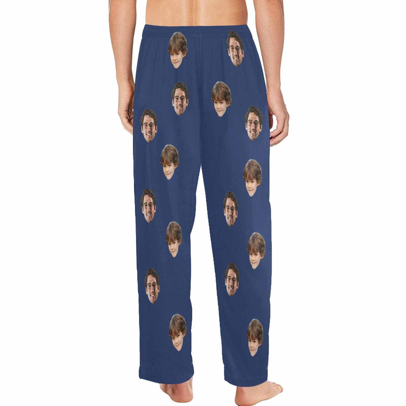 Pajama Shirt&Pajama Pants-Custom Face Pajamas Blue Solid Color Men's Sleepwear Personalized Photo Men's V-Neck Long Pajama Set