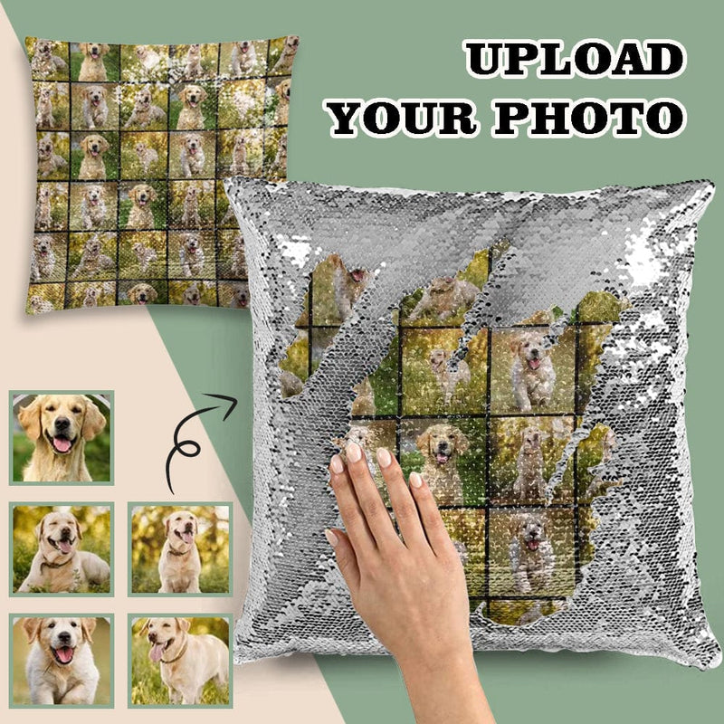 Custom Photo Puzzle Sequin Pillow Case Personalized Pet Pictures Pillow Cover 15.7inx15.7in