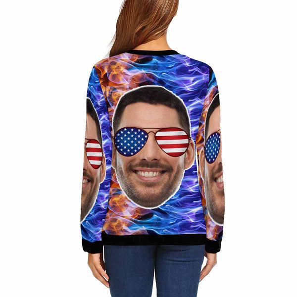 Custom Boyfriend Face Stars Stripes Glasses Women's Casual Crew Neck Sweatshirt Personalized Long Sleeve Loose Sweatshirt, Best Gift For Her