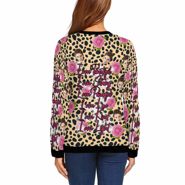 Custom Face Leopard Flowers Women's Casual Crewneck Sweatshirt Personalized Long Sleeve Loose Sweatshirt