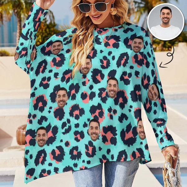 Personalized Face Loose Sweatshirt Blue Leopard Women's Irregular Hem Loose Sweatshirts, Best Gift For Her