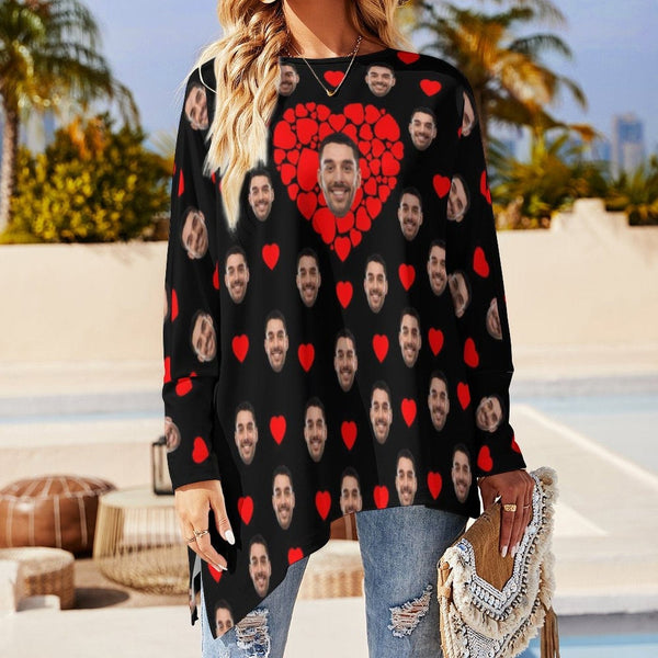 Personalized Face Loose Sweatshirt Red Heart Women's Irregular Hem Loose Sweatshirts, Best Gift For Her