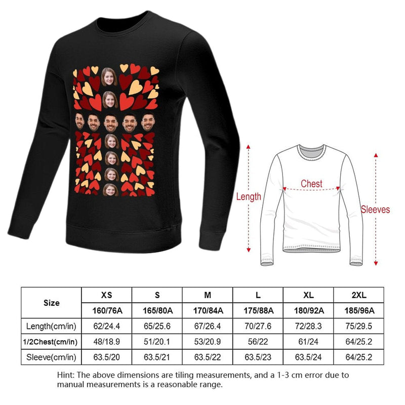 Custom Face Couple Sweatshirt Personalized Love Hearts Matching Loose Sweatshirt for Him and Her Unisex Couple Crewneck Long Sleeve T-shirt