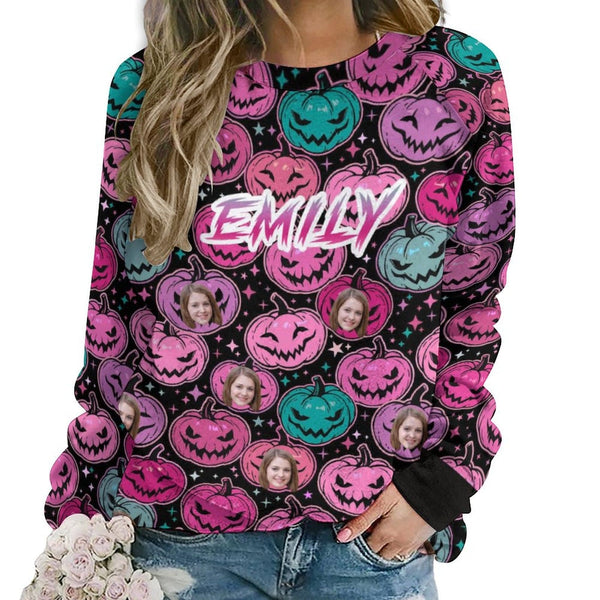 Custom Face&Name Pumpkin Women's Loose Sweatshirt Personalized Raglan Sleeve Crew Neck Sweatshirt