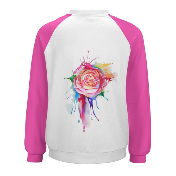 Personalized Loose Sweatshirt With Name On Pink Rose Women's Raglan Sleeve Crew Neck Sweatshirt