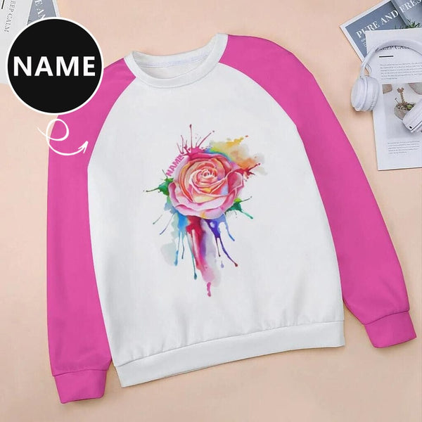 Personalized Loose Sweatshirt With Name On Pink Rose Women's Raglan Sleeve Crew Neck Sweatshirt