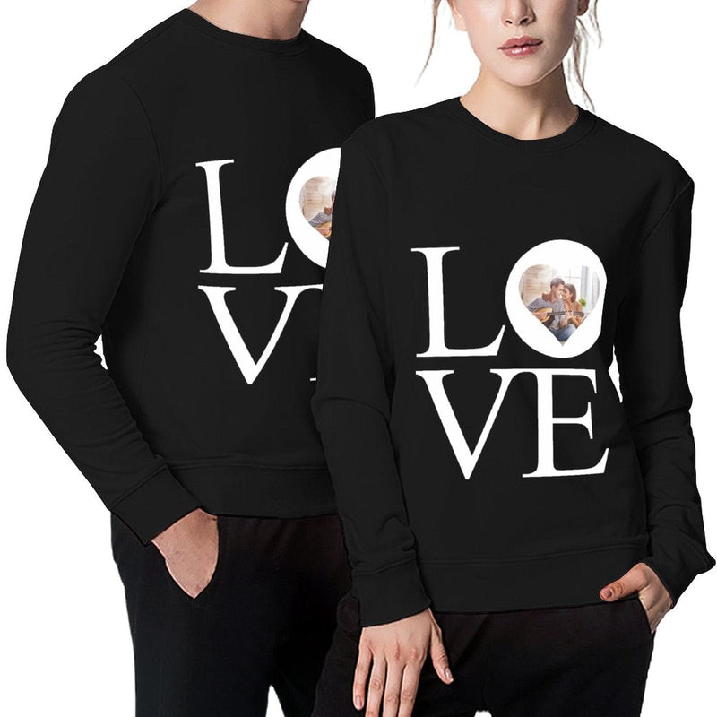 Custom Photo Couple Sweatshirt Personalized Love Black Matching Loose Sweatshirt for Him and Her Unisex Couple Crewneck Long Sleeve T-shirt