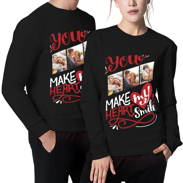 Custom Photo Couple Sweatshirt Personalized Heart Sweet Pictures Matching Loose Sweatshirt for Him and Her Unisex Couple Crewneck Long Sleeve T-shirt