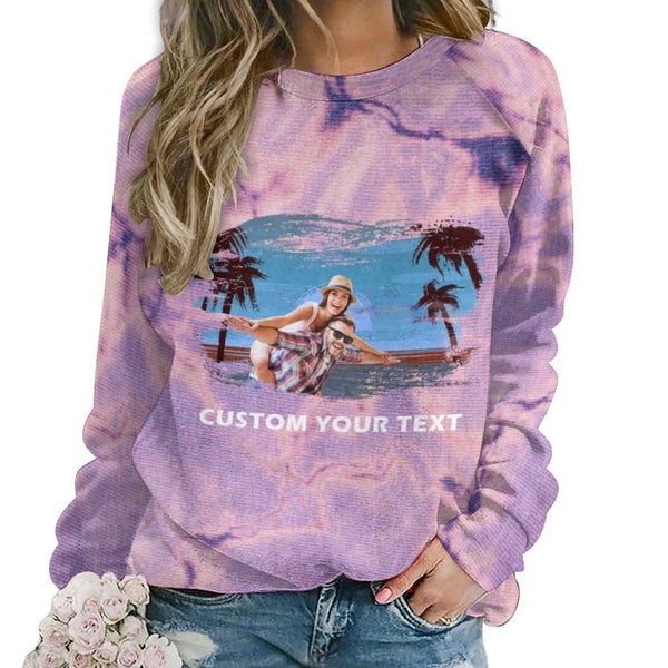 Custom Photo&Text Pink Women's Loose Sweatshirt Personalized Raglan Sleeve Crew Neck Sweatshirt