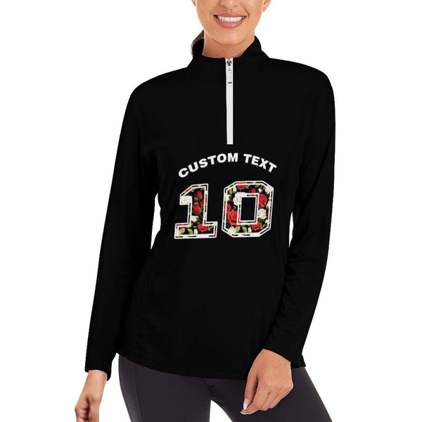 Custom Text&Number Black Background Sweatshirt Personalized Women's Half Zip Top Sports Long Sleeve Sweatshirt