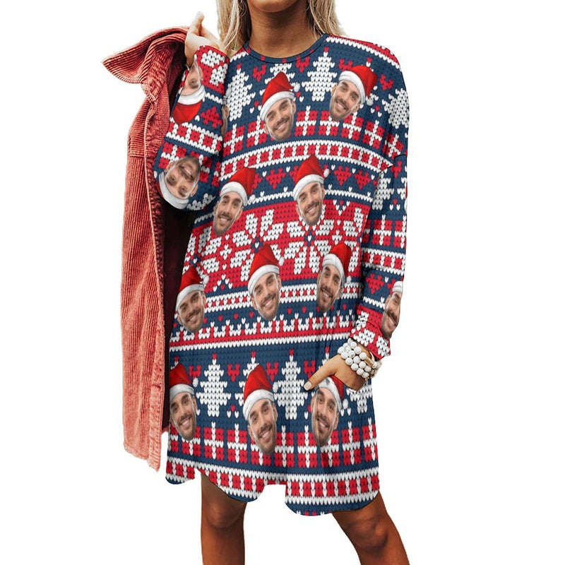 Plus Size #Pocket Sweatshirt Personalized Face Christmas Ugly Women's Long Length Sweatshirt, Gift For Christmas Custom face Sweatshirt, Ugly Couple Sweatshirts