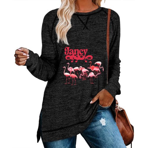 Personalized Women's Sweatshirt Long Sleeve Shirts With Name Flamingo On Lightweight Sweatshirts Side Split Tunic Tops